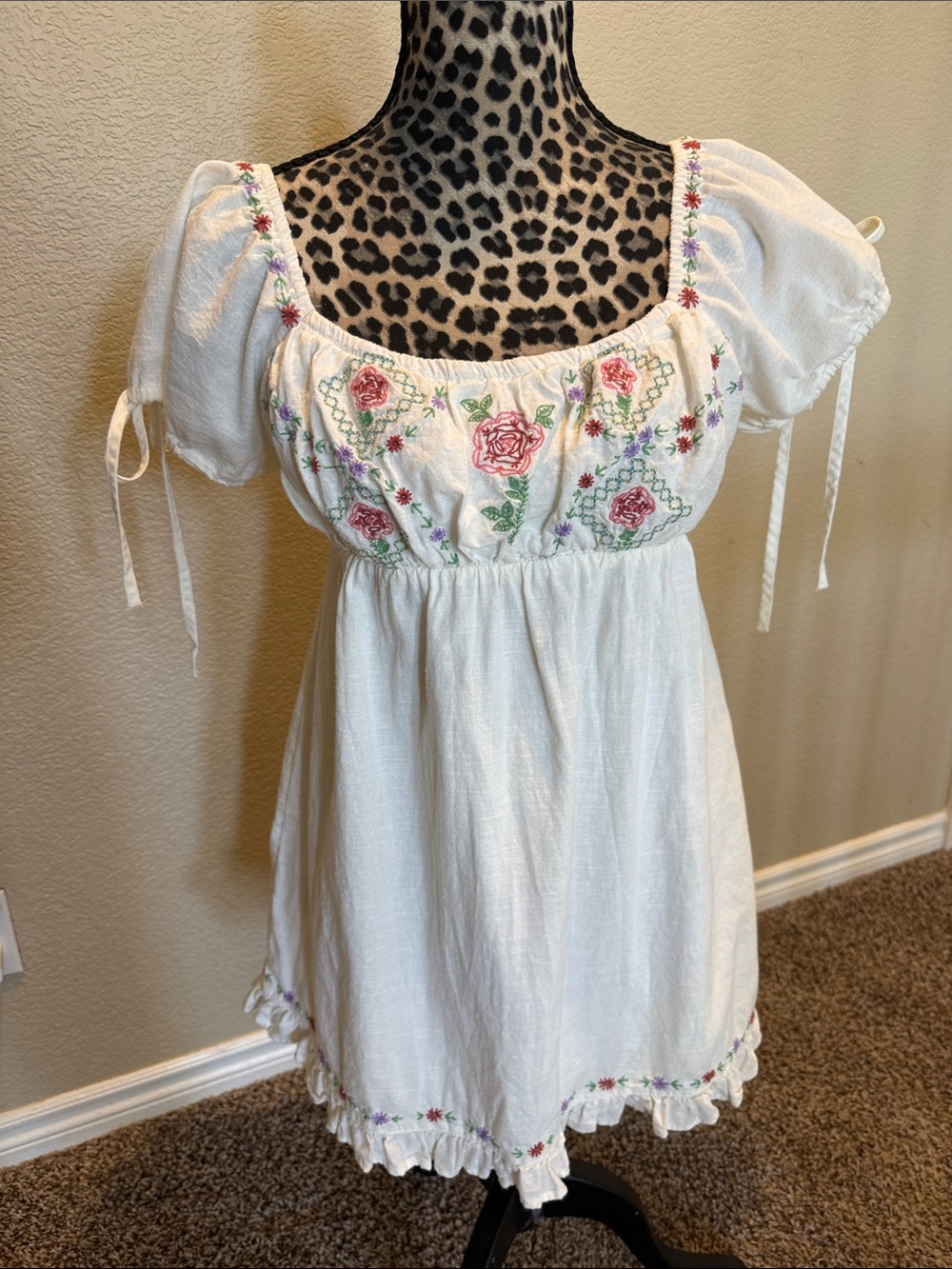 Kimchi Blue White Peasant Tunic with Pink & Green Floral Embroidery